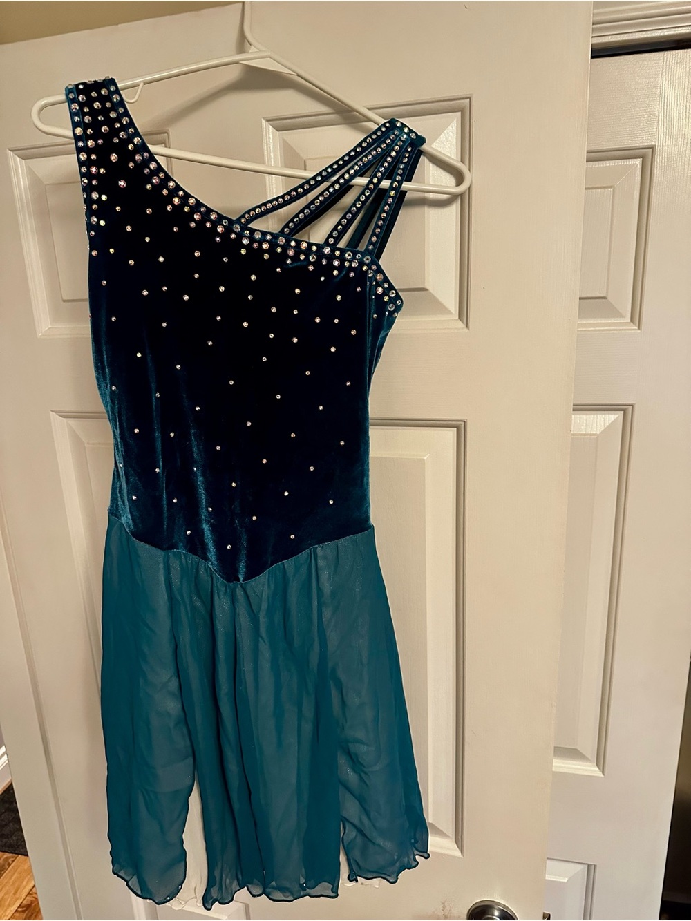 Teal Asymmetrical Strappy Skater Dress with Embellished Velvet Bodice